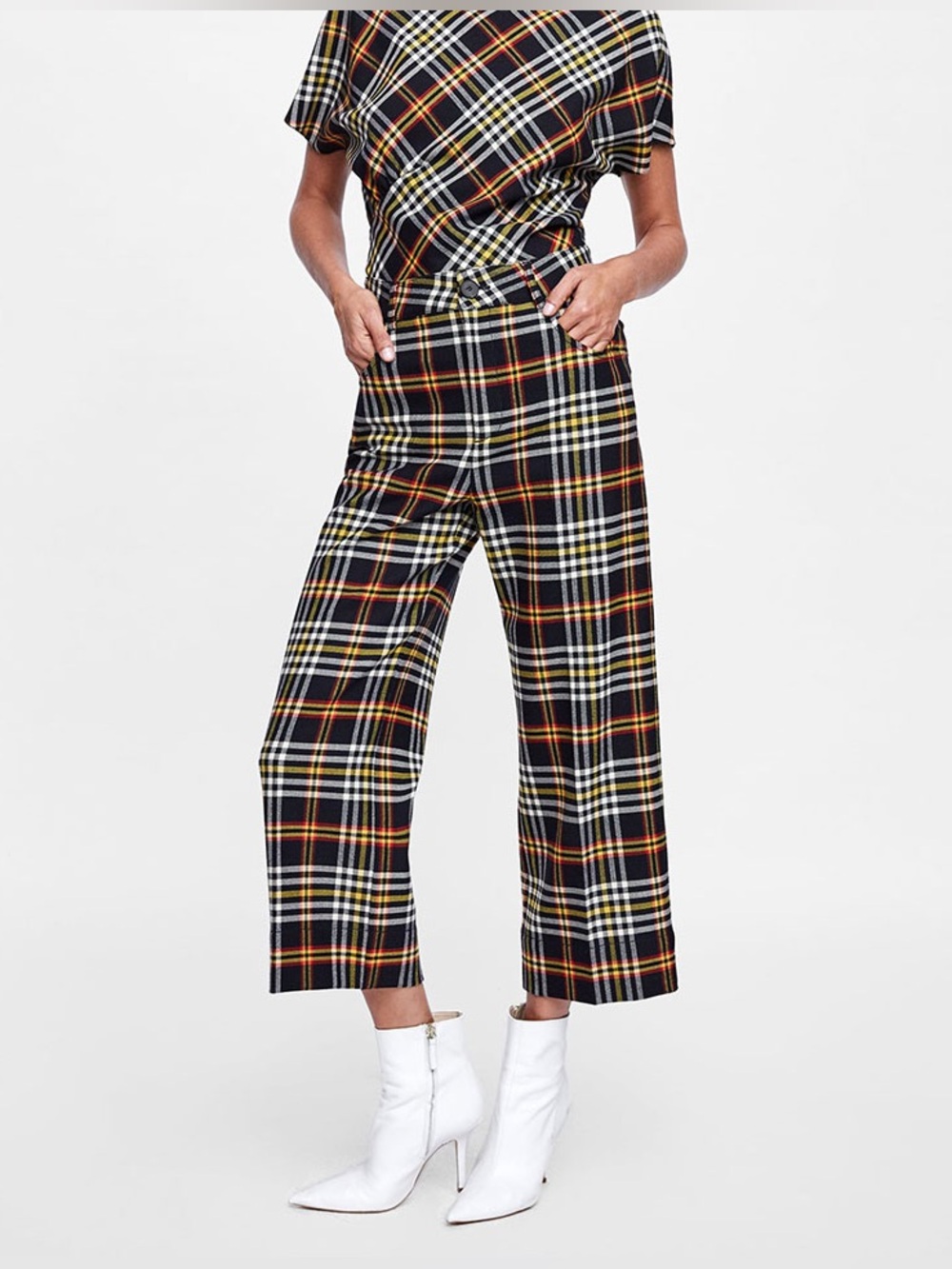 ZARA Multicoloured Tartan High-Waist Cropped Trousers